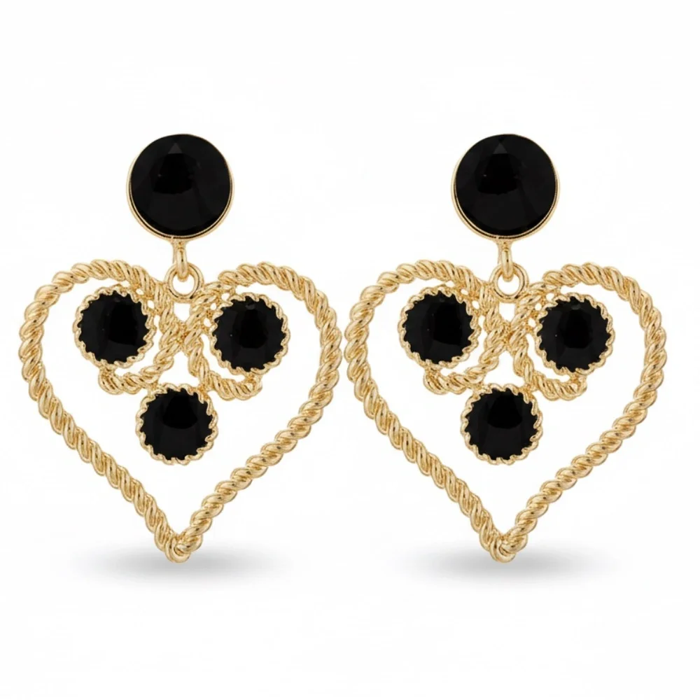 Womens‎ Gold Tone Heart Hoop Earrings with Black Designs